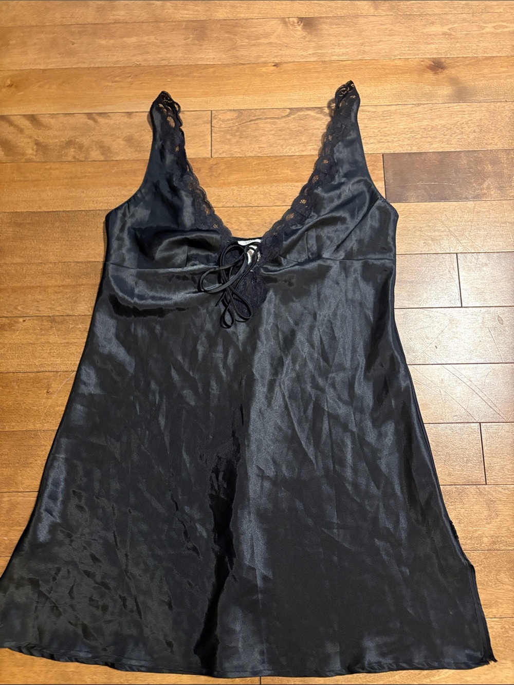 LaSENZA Black Satin Lace-Trim Slip Dress